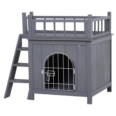 Resenkos Dog House, Pet House,Dog Cave,2-Level Wooden Cat House with Lockable Wire Door and Balcony, Natural Wood