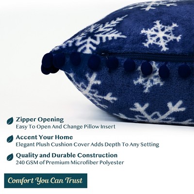 Snowflake Blue Velvet Pom Pom Throw Pillow Covers, 18x18, Set of 2
