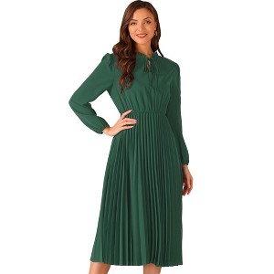 INSPIRE CHIC Women's A-Line Flowy Long Sleeve Tie V Neck Pleated Midi Dress - 1 of 4