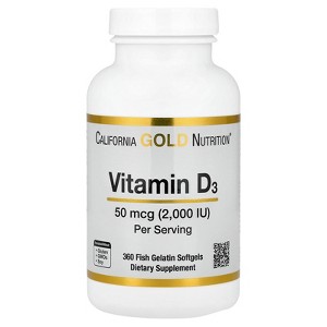 California Gold Nutrition Vitamin D3, 50 mcg (2,000 IU), 360 Fish Gelatin Softgels - 1 of 4