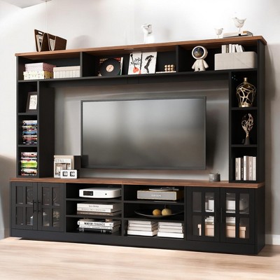 95.5" Wall Unit Entertainment Center with Bookshelves for TVs up to 80",TV Stand Media Console with Tempered Glass Doors,Storage Cabinet