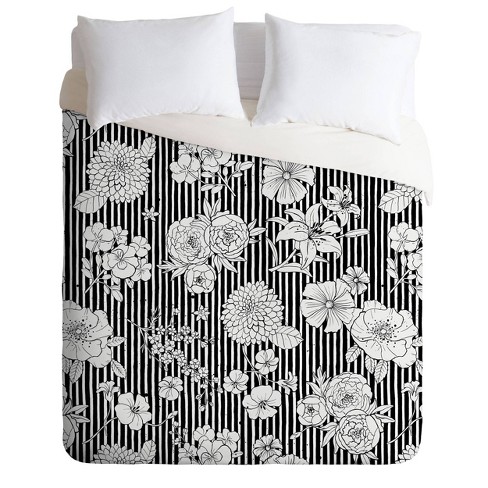 Queen Full Ninola Design Flowers And Stripes Comforter Set Black White Deny Designs Target