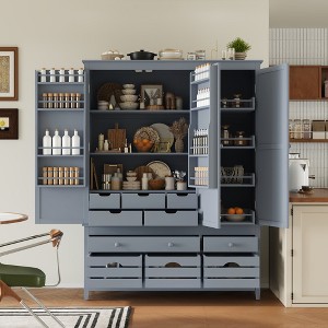 TIRAMISUBEST Traditional Freestanding Wooden Kitchen Pantry, Large Kitchen Storage Cabinet Cupboard with 10 Drawers,8 Door Shelves & 4 Pull-Out Trays - 1 of 4