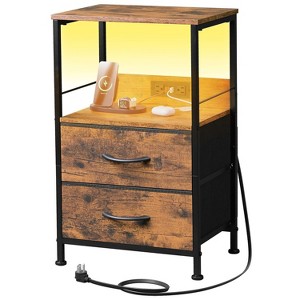 NightStand with Charging Station, LED Bedside Table with 2 Fabric Drawers, Storage Shelf, 3 USB Ports and 2 Outlets - 1 of 4