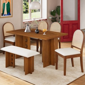6-Piece Dining Set Rectangle, Dining Set Contemporary With 4 Upholstered Rattan Back Dining Chairs And Bench For 6, Dining Set-Cuddlewood - 1 of 4