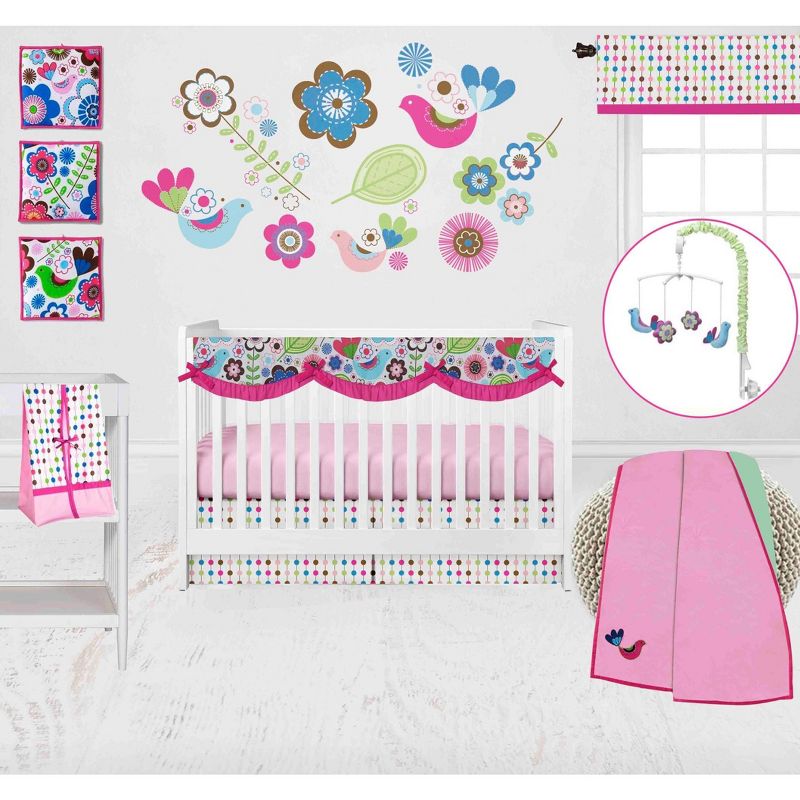 Bacati - Botanical Floral Birds Pink Multicolor 10 pc Crib Bedding Set with Long Rail Guard Cover, 1 of 13