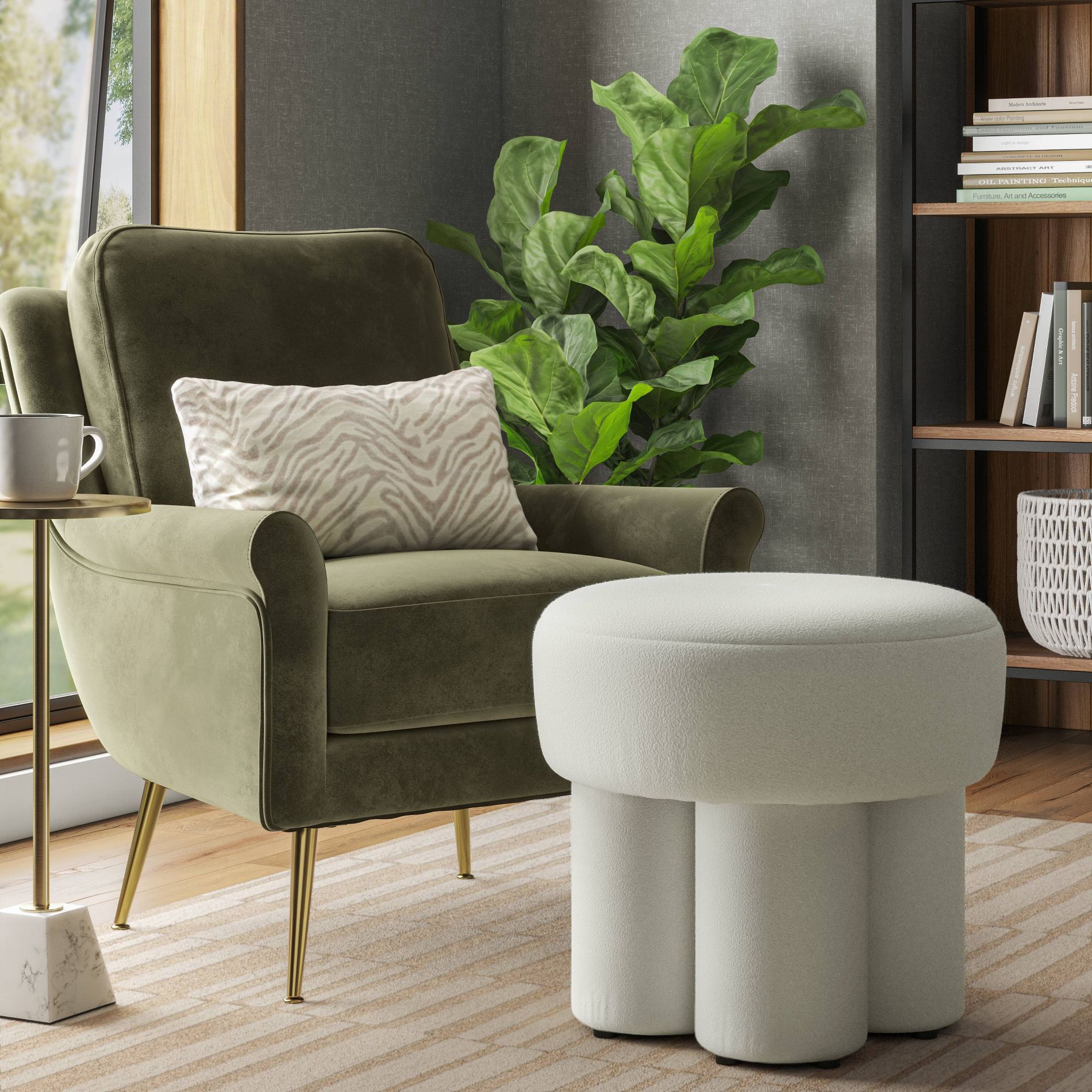 Boucle Fully Upholstered Accent Ottoman Stool Cream - Threshold™: Wooden Frame, No Assembly Required