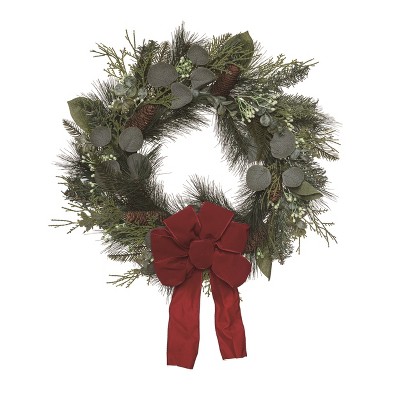 Transpac Artificial 24 in. Green Christmas Bow Wreath