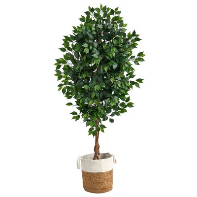 Nearly Natural 6’ Ficus Artificial Tree With Natural Trunk In Handmade ...