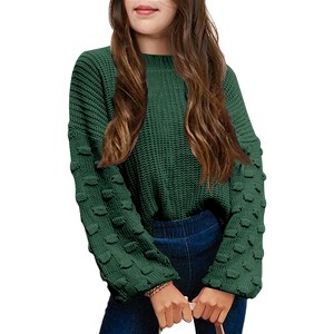 Girls Crewneck Knit Pullover Sweaters Long Lantern Sleeve Oversized Knit Cute Jumper Tops - 1 of 4