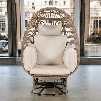 Outdoor Swivel Rocker Egg Chair with Cushions, Grey Wicker Patio Chair with 360° Rotation and Rocking Function for Garden, Balcony, and Poolside