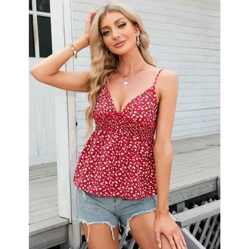 Whizmax Women s Floral Summer Tank Top Sleeveless Ruffle Vest Adjustable Spaghetti Strap V Neck Cami Top Red M Target