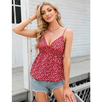 WhizMax Women's Floral Summer Tank Top Sleeveless Ruffle Vest Adjustable Spaghetti Strap V Neck Cami Top