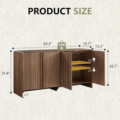 AMERLIFE Fluted Sideboard Buffet Cabinet with Storage, 63" Modern Console with 4 Doors and Adjustable Shelves for Dining Room, Kitchen, Brown — фото 2