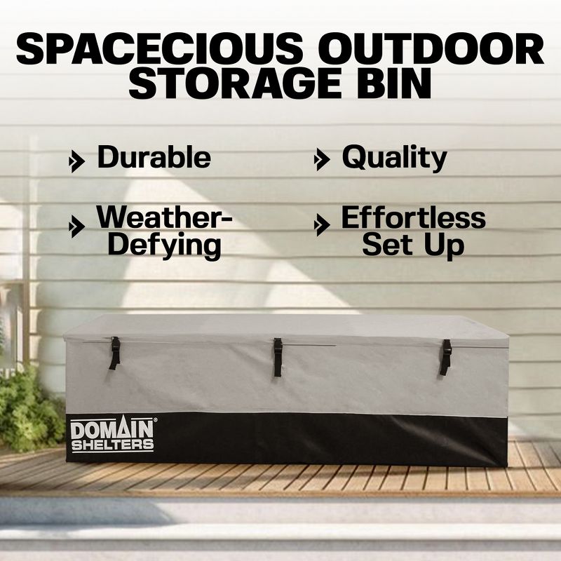 Domain Shelters 176 Gallon 6 x 2 x 2 Foot Outdoor Patio Backyard Garden Storage Container Deck Box w/Removable Weather Bars & Clip Buckles, Gray/Black, 3 of 7
