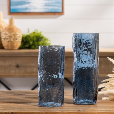 Set of Two Blue Wavy Glass Decorative Vases