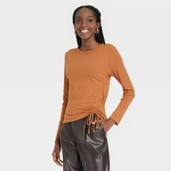 Women's Long Sleeve Side Ruched T-Shirt - A New Day™ Brown XL