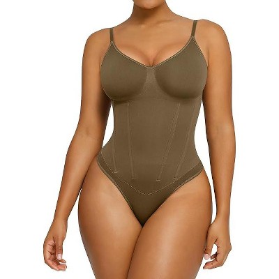 SHAPELLX Womens Shapewear Tummy Control Thong Slimming Body Shaper Seamless Compression Top Waist Boning Corset Bodysuit—Green38