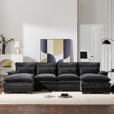 YOOCOZZ Double-Chaise Chenille Sectional Sofa with Double-Layer Cushion, Armrest and Lumbar Pillows