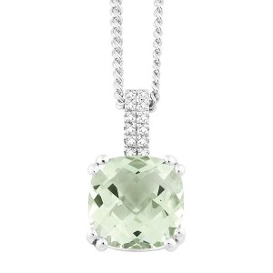 Simona Sterling Silver, 2.98 ct Cushion Green Amethyst with .096 ct White Topaz Necklace - Green - 17+3 Inch - 1 of 2