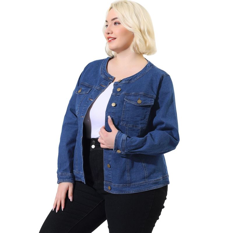 Agnes Orinda Women's Plus Size Long Sleeves Collarless Denim Jacket, 3 of 8