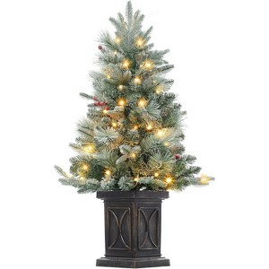 3ft Christmas Tree Pre-Lit Artificial Christmas Tree with Vintage Potted Base, Flocked Snow 78 Warm White LED Lights Red Berries - 1 of 4