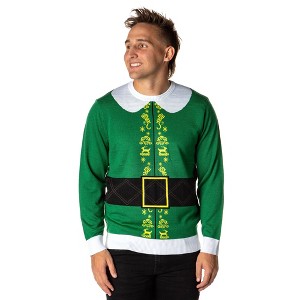 Seven Times Six ELF The Movie Men's Buddy's Coat Costume Ugly Christmas Sweater Knit Pullover Green - 1 of 4