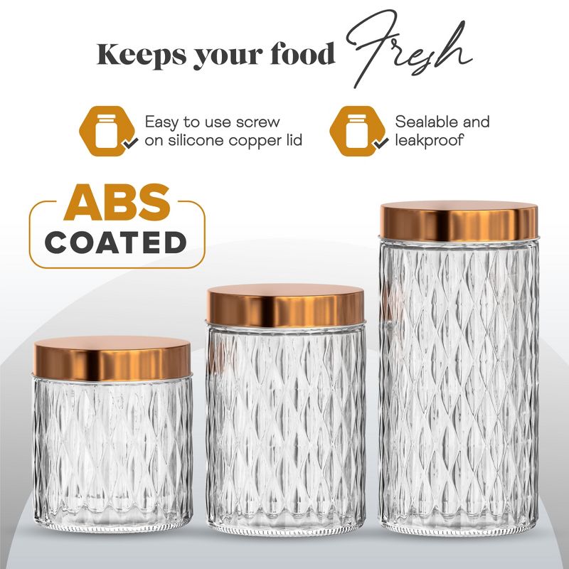 Amici Home Desmond Glass Container Storage Jar Set of 3, Metal Lid For Kitchen & Pantry Dry Food Storage, Clear with Copper Lid,32-48 & 60 oz., 5 of 8