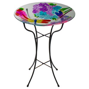 Northlight 18” Pink and Purple Dragonflies Hand Painted Glass Outdoor Patio Birdbath - 1 of 4