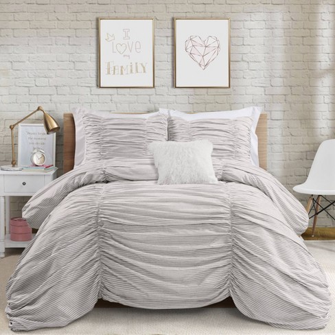 Full Queen 3pc Ruching Ticking Stripe Comforter Sham Set Gray