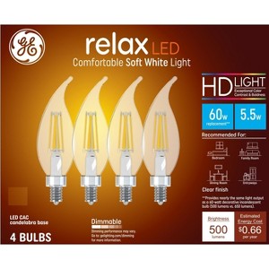 GE 4pk 60W Relax LED Decorative Light Bulbs Soft White: Candelabra E12 Base, Dimmable, Energy Star, 500 Lumens - 1 of 4