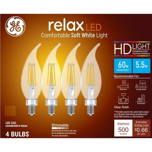 GE 4pk 60W Relax LED Decorative Light Bulbs Soft White: Candelabra E12 Base, Dimmable, Energy Star, 500 Lumens - image 1 of 4