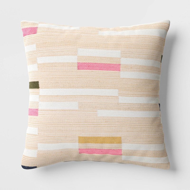 18&#34;x18&#34; Blocks and Stripes Square Outdoor Throw Pillow Tan - Threshold&#8482;, 1 of 6
