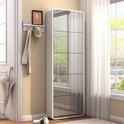 Modern Arc Design Shoe Cabinet with Full-Length Mirror Flip Drawers Shoe Rack Storage Cabinet Free Standing Shoe Rack Cabinet