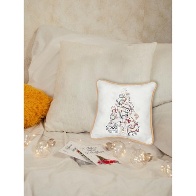 White Cotton Embroidered Christmas Puppy Tree Square Pillow