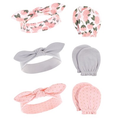 Hudson Baby Infant Girl Cotton Headband and Scratch Mitten 6pc Set, Pink Peony, 0-6 Months