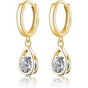 Sterling Silver CZ Hoop Earrings Drop for Women Teens Sparkly Teardrop Huggie Earrings Simulated Diamond Earrings - 1 of 4