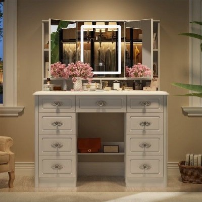 FUFU&GAGA White LED Elegant Makeup Vanity Table with Adjustable Mirror 9-Drawers