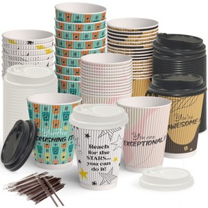 Dessie 100 Disposable Coffee Cups with Lids and Stirrers 12 oz - 1 of 4