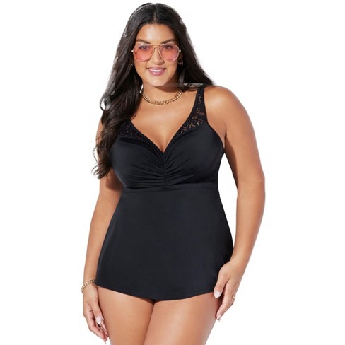 Swimsuits For All Women's Plus Size V Neck Crochet Relaxed Fit Bra Sized  Crochet Underwire Tankini Top With Adjustable Straps - 42 F, Black : Target