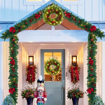 6 FT Christmas Garland, Artificial Christmas Garland with Red Flowers, Berries, Red and Gold Balls, Pre-lit Xmas Garland,Garden Gate, Fireplace