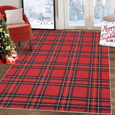 4x6 Christmas Buffalo Plaid Area Rug, Washable, Non-Slip, Stain-Resistant, Holiday Gingham Floor Cover Accent Rug for Farmhouse Dining/Bedroom, Red