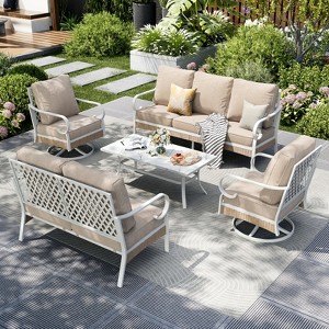 Captiva Designs 5pc Extra Large Metal and Rattan Outdoor Patio Conversation Set with Swivel Grid-back Chairs and Loveseat - 1 of 4