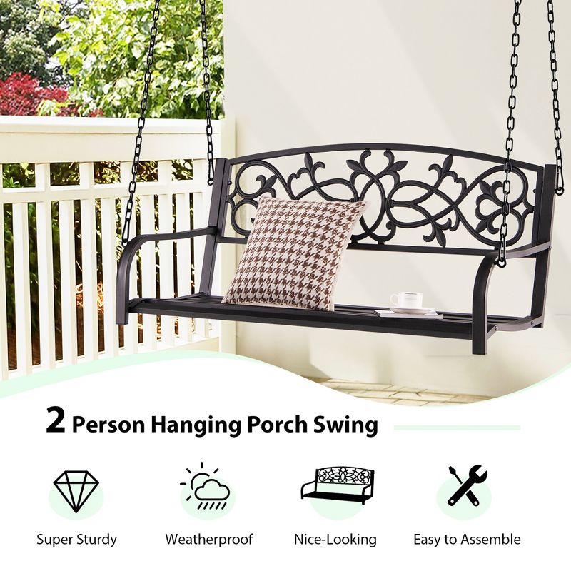 Costway 2-Person Metal Outdoor Porch Swing Hanging Patio Bench 485 Lbs Capacity Black\Brown, 5 of 13