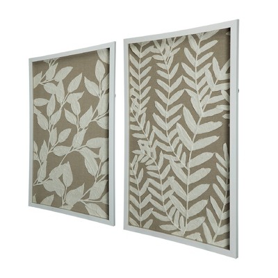 Set of 2 White Botanical Paper Shadow Box Wall Decor with MDF Frame