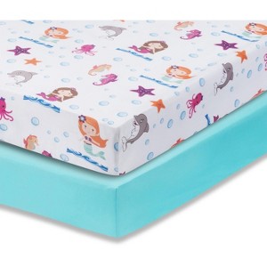 Everyday Kids 2-Pack Fitted Girls Crib Sheets, 100% Soft Microfiber, Fits Standard Crib Mattress 28x52in, Mermaid & Aqua Nursery Sheets - 1 of 4