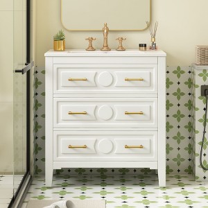 Okak Modern Freestanding Bathroom Vanity with Ceramic Sink Combo,Small Solid Wood Bathroom Storage Cabinet with3 Drawers - 1 of 4