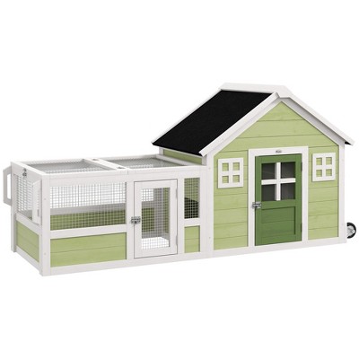 PawHut Rabbit Hutch, Outdoor Guinea Pig Cage with Asphalt Roof, Handle, Wheels, 64 Inch Wooden Bunny Cage for Small Animals, Multicolor