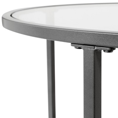 Pewter Round Metal and Glass End Table, 20 Inches