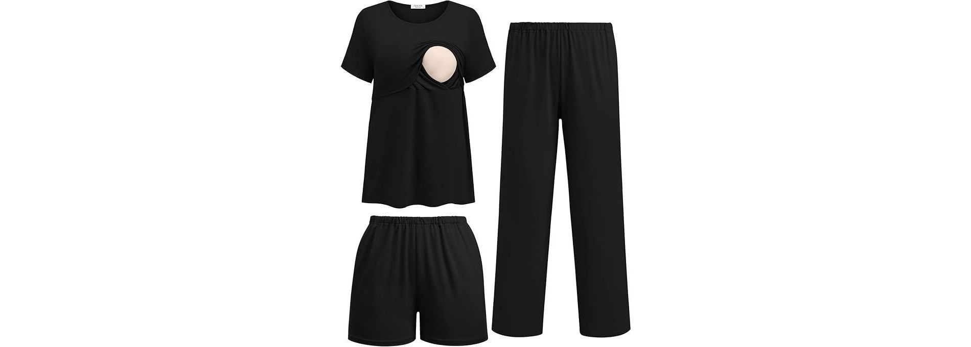 Ekouaer 3 Piece Postpartum Nursing Pajamas Set Short Sleeve Breastfeeding Shirts Pregnancy Shorts & Pants Maternity Pjs